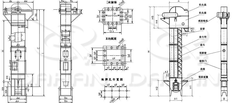 TD/D型斗式提升機(jī)基本結(jié)構(gòu):機(jī)頭蓋，機(jī)頭座，減速電機(jī)，直管，底座，緊張裝置等。