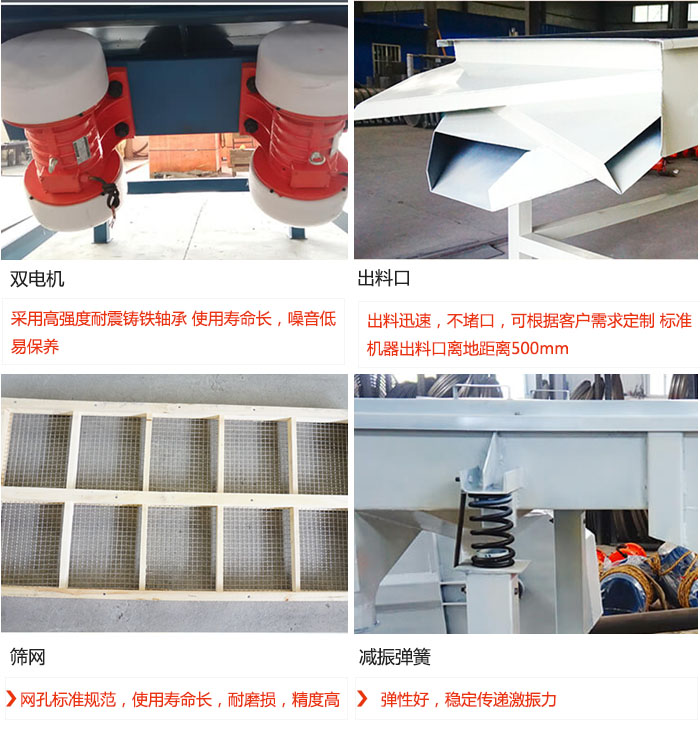 直線振動(dòng)篩優(yōu)勢(shì)：雙電機(jī)：采用高強(qiáng)度耐震鑄鐵軸承 使用壽命長(zhǎng)，噪音低，易保養(yǎng) 出料口：出料迅速，不堵口，可根據(jù)客戶需求定制 標(biāo)準(zhǔn)機(jī)器出料口離地距離500mm 篩網(wǎng)：網(wǎng)孔標(biāo)準(zhǔn)規(guī)范，使用壽命長(zhǎng)，耐磨損，精度高 減振彈簧：彈性好，穩(wěn)定傳遞激振力