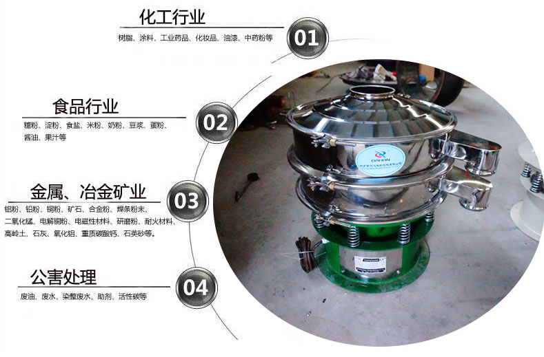 面粉振動篩粉機(jī)適用于化工，食品，金屬、冶金，公害處理等行業(yè)