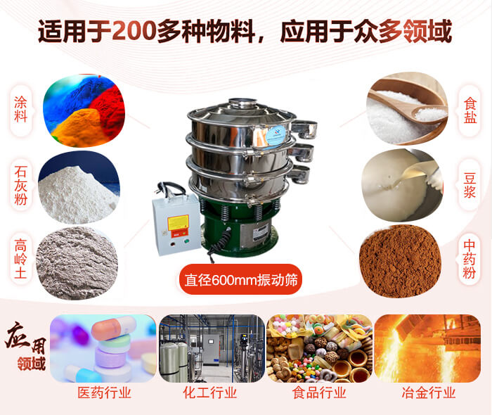 直徑600mm振動(dòng)篩使用的行業(yè):醫(yī)藥行業(yè)，公害處理，食品行業(yè)，化工行業(yè)。